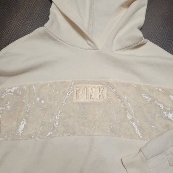 PINK Victoria's Secret Hoodie Women's L Cream Ivory Velvet Logo Sweater Cropped - Picture 2 of 4